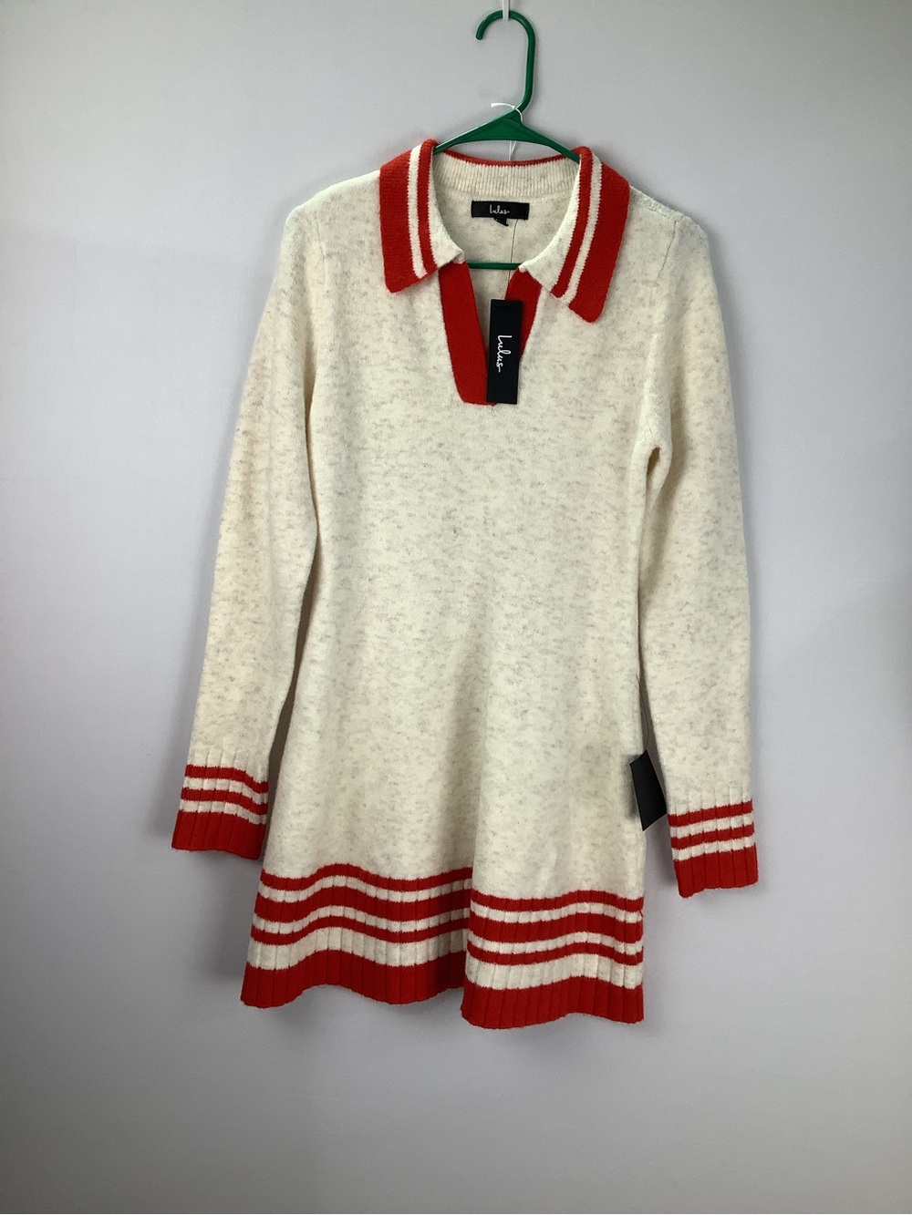 Lulus Soft Serenity Heather Ivory/ Red Collard Sweater Dress womens size M